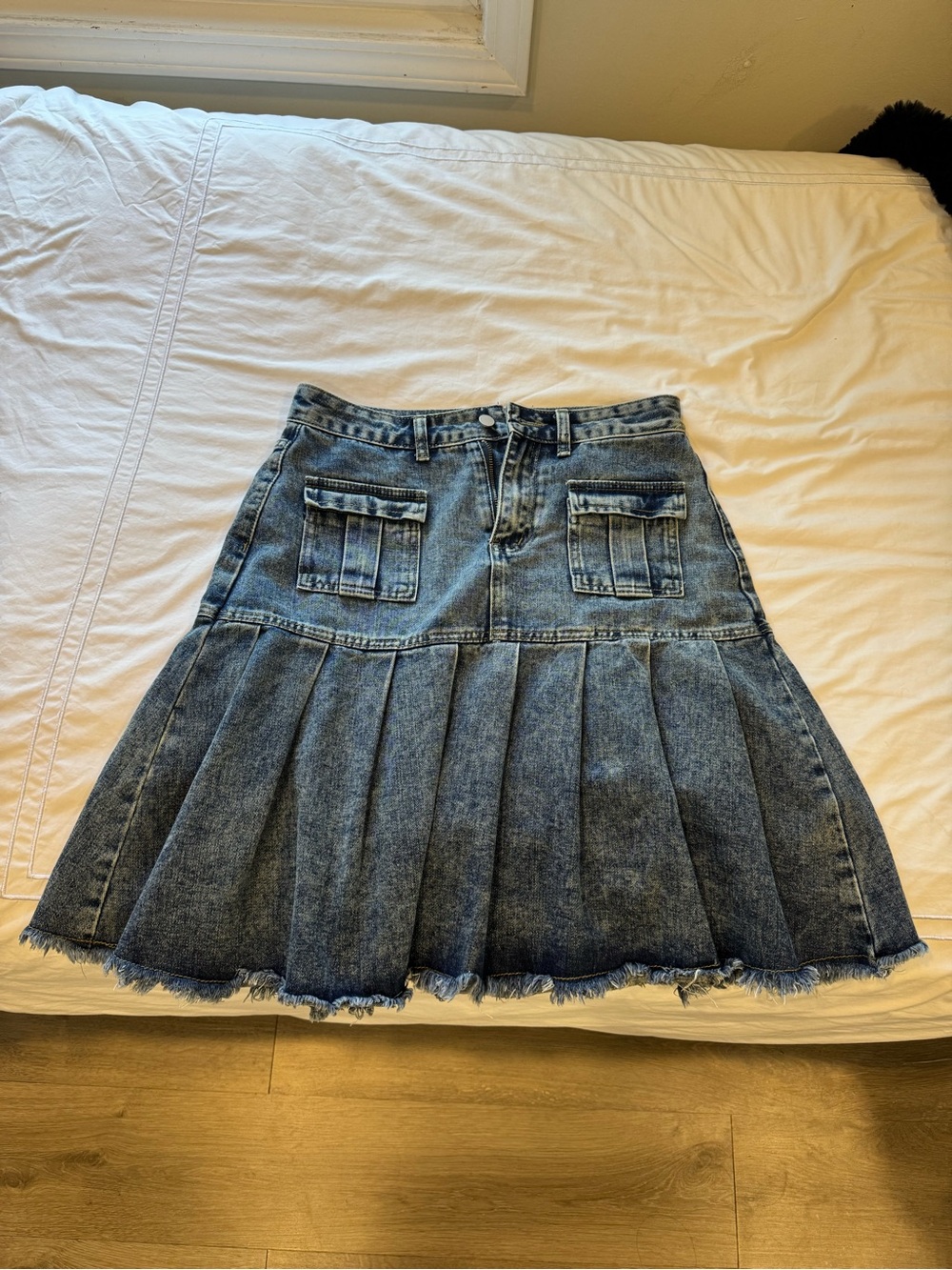 Denim Pleated Midi Skirt in Washed Blue
